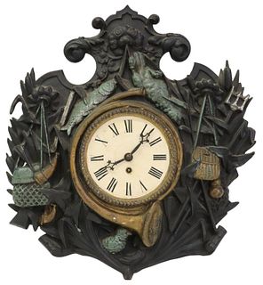 FRENCH CAST IRON HUNTING MOTIF WALL CLOCK
