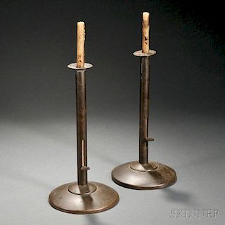 Pair of Large Weighted Copper Push-up Candlesticks