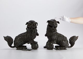 Pair of Antique Chinese Bronze Foo Dog Censers