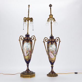 Pr French Sevres Style Lamps Signed Poitevin