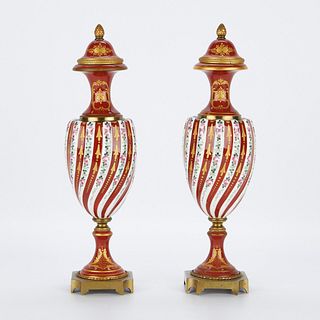 Pair French Sevres Style Striped Urns