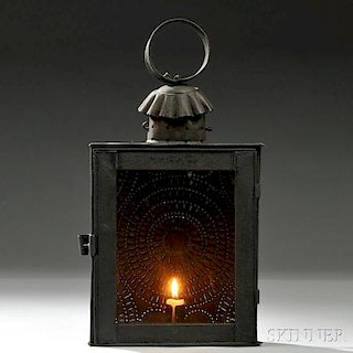 Pierced Tin Candle Lantern with Glass Door