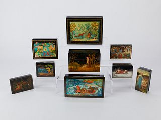 9 Russian Hand Painted Lacquer Boxes