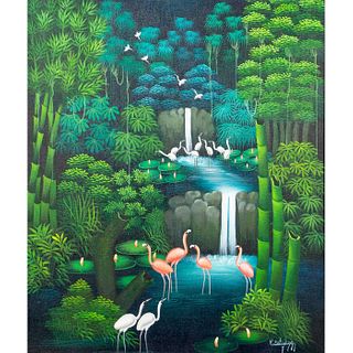 Kedson Estigene (Haitian, 20th c.) Acrylic Painting Flamingo