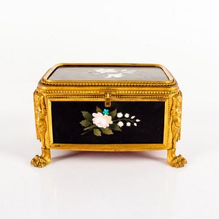 Antique Pietra Dura Floral Stone Inlay Figural Jewelry Box