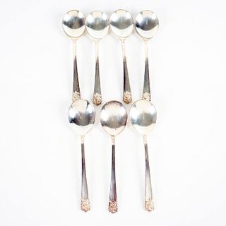 WM Rogers & Son, Set of 7 Silver Soup Spoons, April Pattern