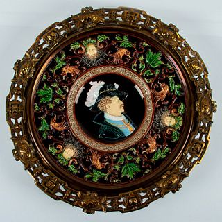 Vintage Brass Framed Porcelain Bas Relief Portrait Plate
