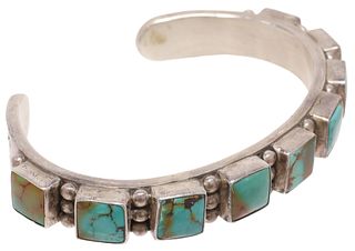 SIGNED NATIVE AMERICAN STERLING & TURQUOISE CUFF