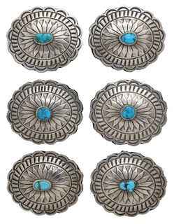 (6) NATIVE AMERICAN SILVER & TURQUOISE CONCHOS