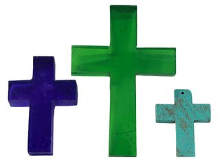 (3) DECORATIVE TURQUOISE & COLORED GLASS CROSSES