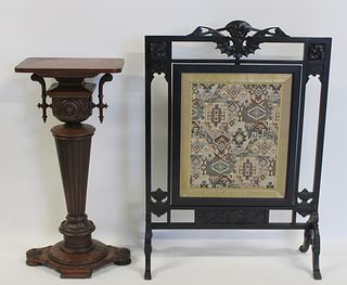 Victorian Carved  Pedestal & An Ebonised Screen