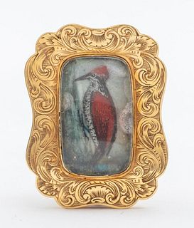 Georgian 14K Gold Miniature Painting Brooch W Bird