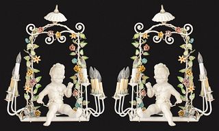 Rococo Style Porcelain Ten-Light Chandeliers, Pair