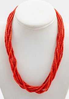 Vintage 18K Gold Enamel Red Coral Bead Necklace