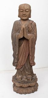 Asian Buddhist Monk Painted Wood Statue