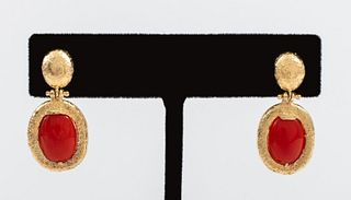14K Yellow Gold Red Coral Cabochon Earrings