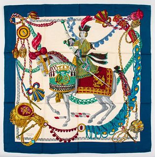 Hermes "Le Timbalier" Prussian Blue Silk Scarf