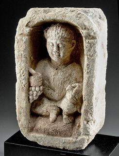 Romano-Egyptian Limestone Stela Boy Holding Dove