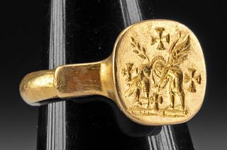 5th C. Byzantine Gold Signet Ring, Angel & Dove