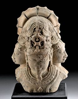 Rare 9th C. Indian Stone Bust - Brahmanical Triad