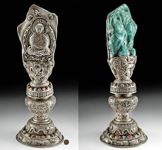 Superb 20th C. Tibetan Silver & Turquoise Temple Stamp