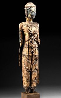 Large 19th C. Thai Rattanakosin Gilt Wood Deity Figure