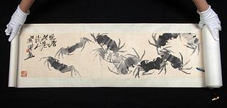Signed Qi Baishi Handscroll Painting w/ Shrimp, Crabs, Frogs, Aquatic Plants