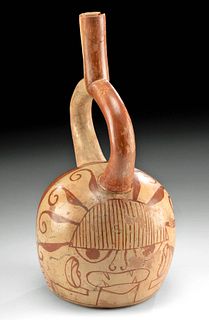 Moche Pottery Fine-Line Stirrup Vessel w/ Ai Apec