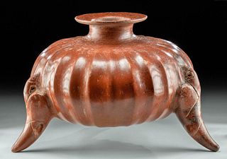 Large Colima Pottery Gadrooned Tripod Jar w/ Parrots