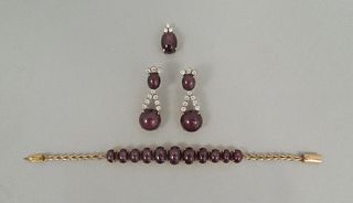Vintage Ruby and Diamond Bracelet, Earrings and Pendant Set.
