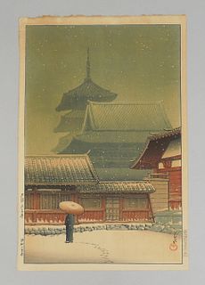 Kawase Hasui, "Tennoji Temple In Snow, Osaka". 
