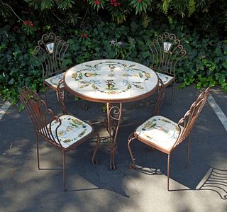 Wrought Iron and Portuguese Tile Garden Table and Chairs.