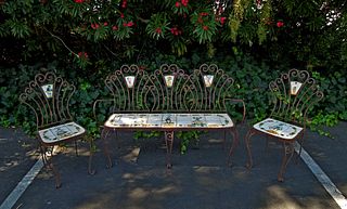 Wrought Iron and Portuguese Tile Garden Bench and (2) Chairs.