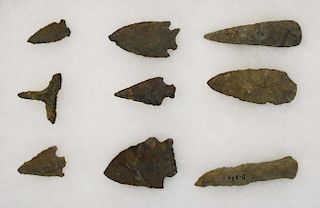 Elmira, NY area prehistoric lithic artifacts- arrowheads, points (old Irving S. Whipple label)- 9 pc