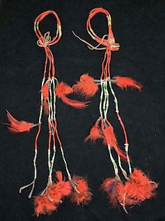 pr of quilled arm bands w/ cone jangles & dyed feathers, length 16”