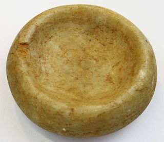 Mississippian discoidal stone paint bowl, probably Cahokia, Illinois, sev chips, dia 3.75”