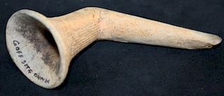 Iroquois trumpet form pottery pipe (Goff site, Oneida, NY), repair to stem, old collection #, length