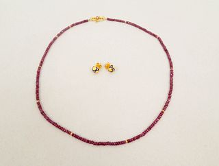 Ruby Bead Necklace & 18K and Enamel Earrings.