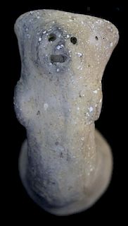 Pre-Columbian clay pottery effigy pipe, length 4.5”