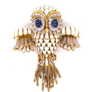 18K Gold Sapphire & Diamond Owl Brooch
