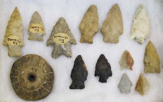 Virginia, Kentucky lithic artifacts, arrowheads, KY pottery disc- 13 pcs, length 1”- 2.5”