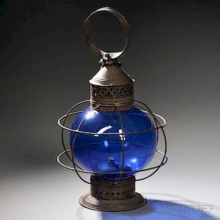 Black-painted Tin and Blue Glass Onion Lantern