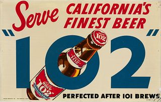 1953 Brew 102 Beer Tin Tacker Sign Los Angeles, California