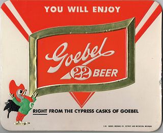 1956 Goebel 22 Beer Foil Sign Detroit, Michigan