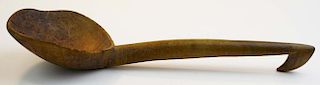 19th c Native American tiger maple wooden ladle, length 13”