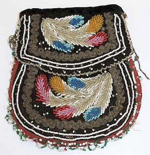 19th c NE Woodlands beaded cloth purse w/ cones & metallic tassels, chintzed interior, 7.5” x 7”