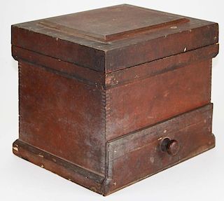 19th c shooter's box in old red paint, VT or Canada, w/ molds, powder tins, etc, 13” x 11' x11”
