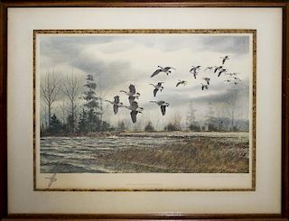 22"x16" print "Afternoon Squall-Canadian Geese" by David Hagerbauner 28/450. 32"x28" overall.
