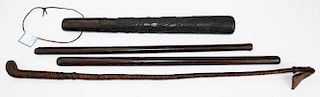 Lot 4 pcs. inch clover carved club or shillelagh, 19th c leather drumsticks and riding crop.