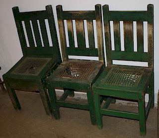 Set of 9 Waterbury, VT oak Arts and Crafts side chairs in assorted old rustic paint with honest wear